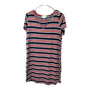 Pink Rose T-Shirt Dress Womens Size Large Stripes Pink & Black Stripes V- Neck